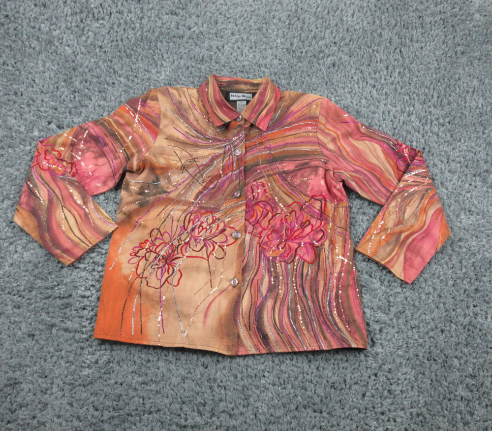 Indigo Moon Jacket Womens Medium Pink Tan Beige Floral Abstract Long Sleeve